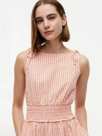 Rynket Gingham Seersucker Midi-kjole