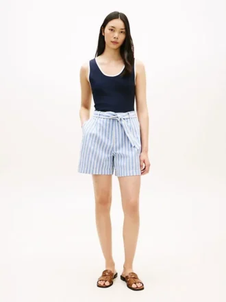 Stribede linen-blend shorts med bælte
