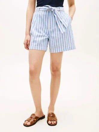 Stribede linen-blend shorts med bælte