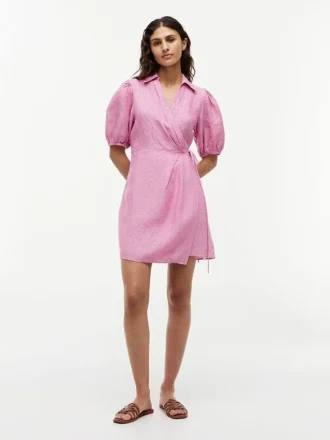 Stribet mini-wrap-kjole i hør Stribet mini-wrap-kjole i hør
