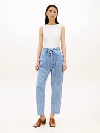 Tapered gingham-seersucker bukser med bælte