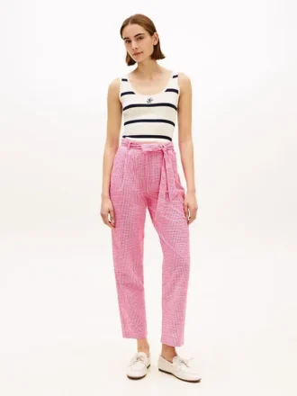 Tapered gingham-seersucker bukser med bælte