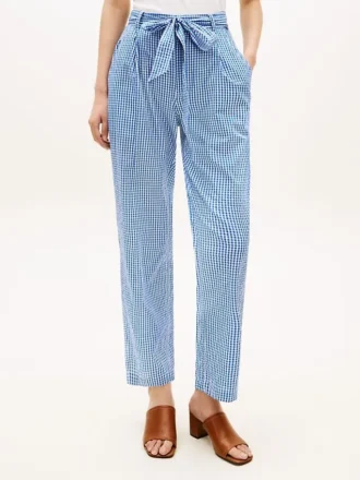 Tapered gingham-seersucker bukser med bælte